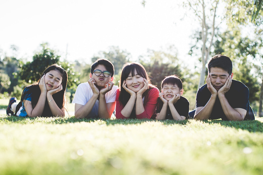 a large family lying in the grass smiling and faving fun
